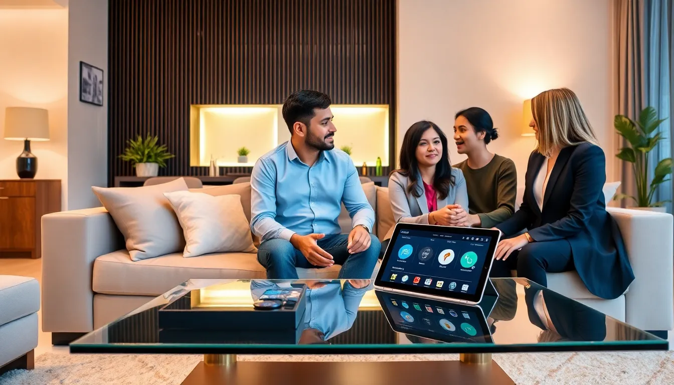 professionals discussing smart home technology in a modern living room.