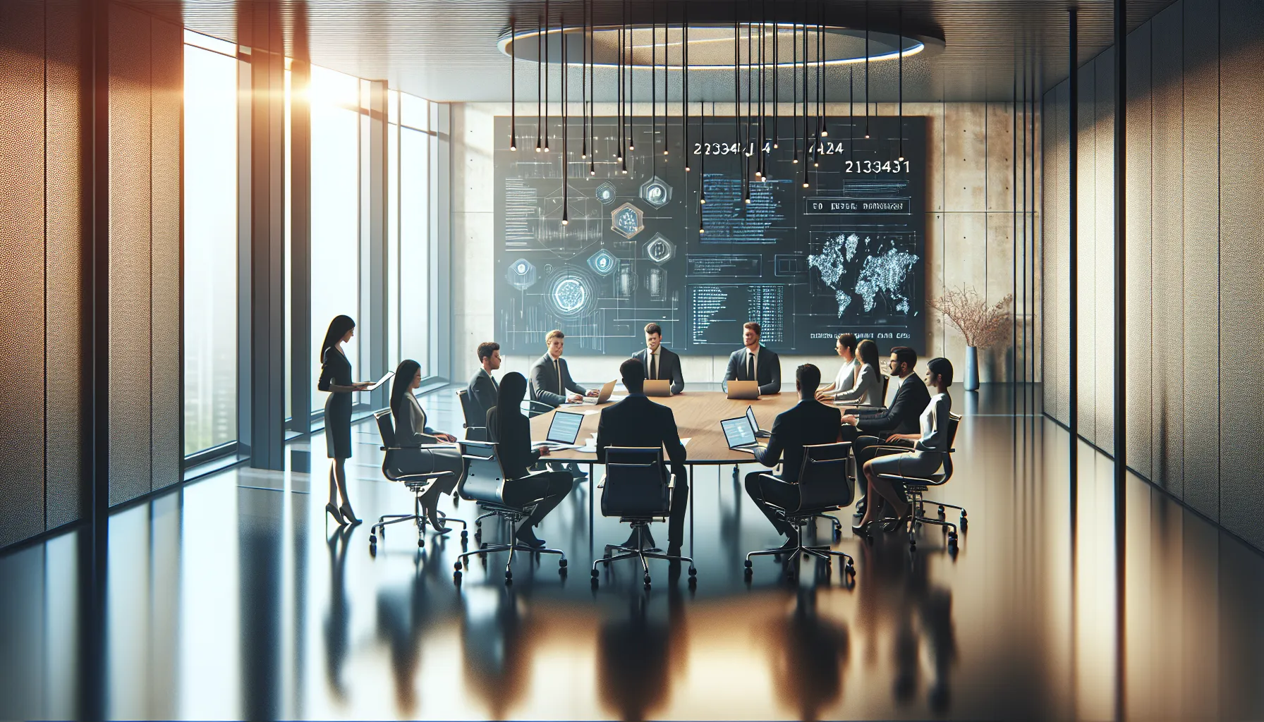 diverse professionals collaborating on technology applications in a modern office.
