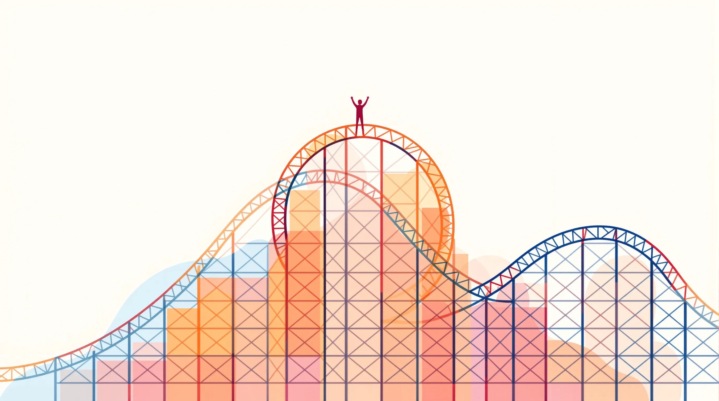 A minimalist rollercoaster track with a celebrating figure at the peak.