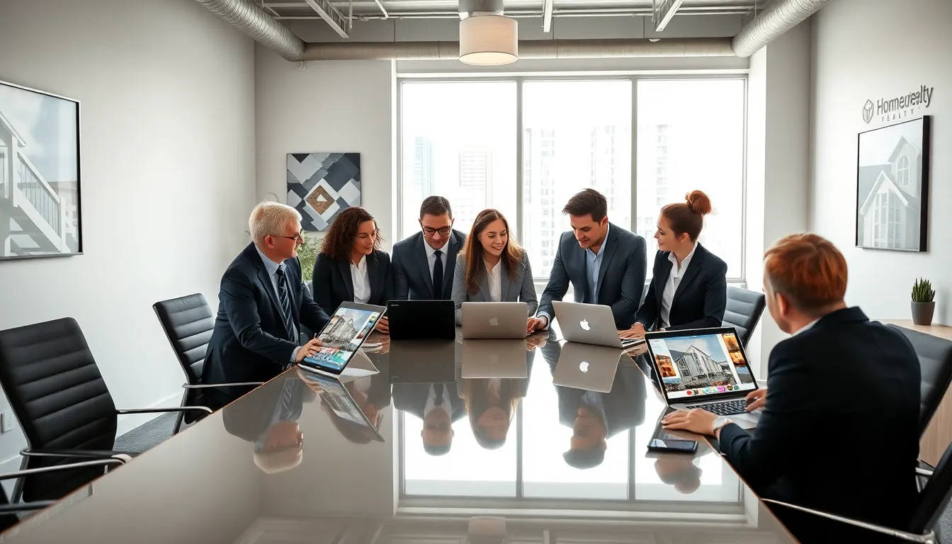 diverse real estate team collaborating in a modern office.