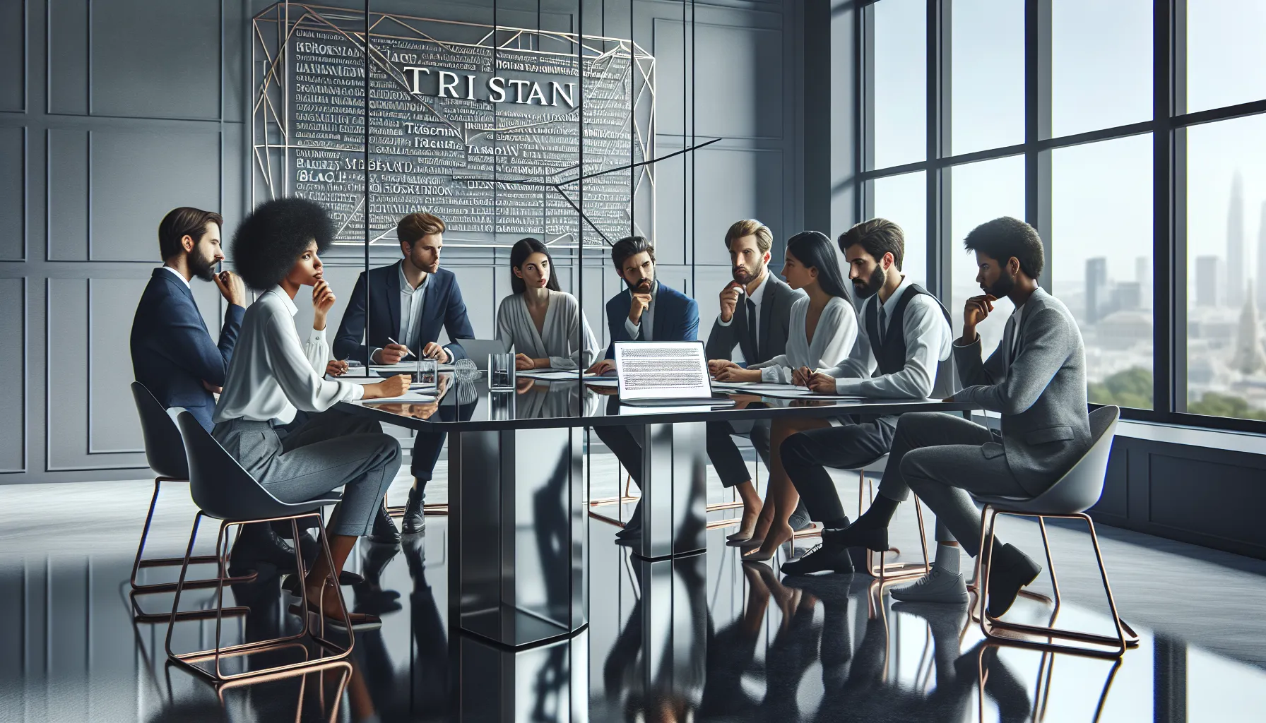 diverse team discussing the meaning of the name Tristan in a modern office.