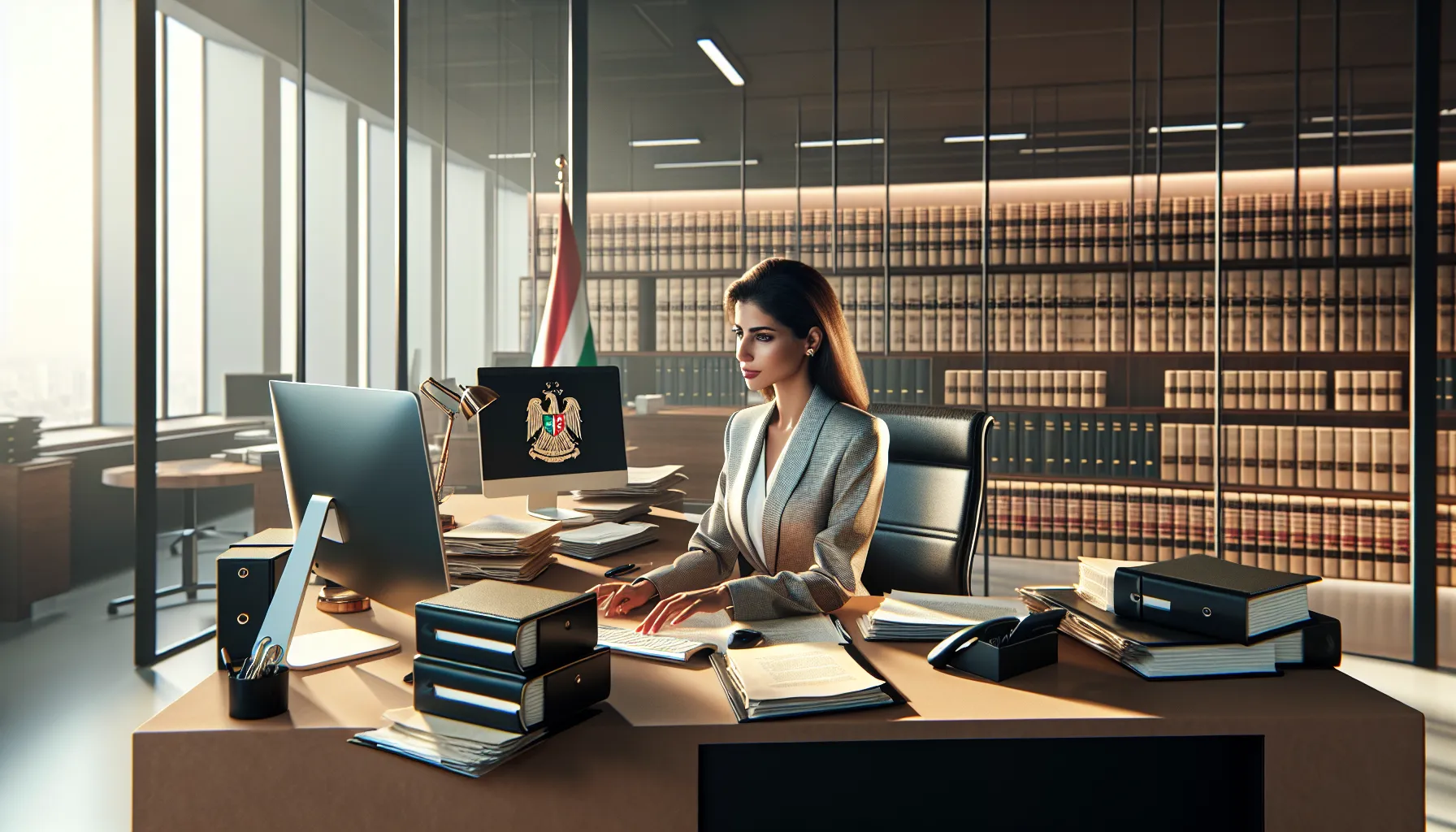 Professional Croatian legal secretary working at organized desk in modern law office
