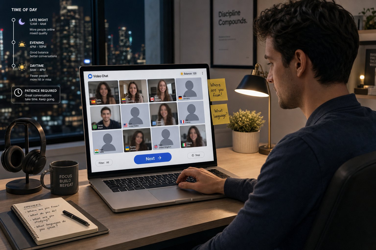 Professional using random video chat on laptop, skipping matches for better conversations.