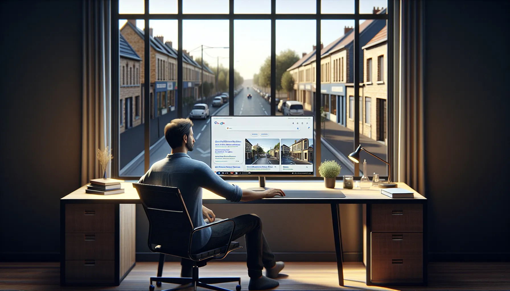 French small business owner analyzes Google local results for Noisiel SEO strategy.