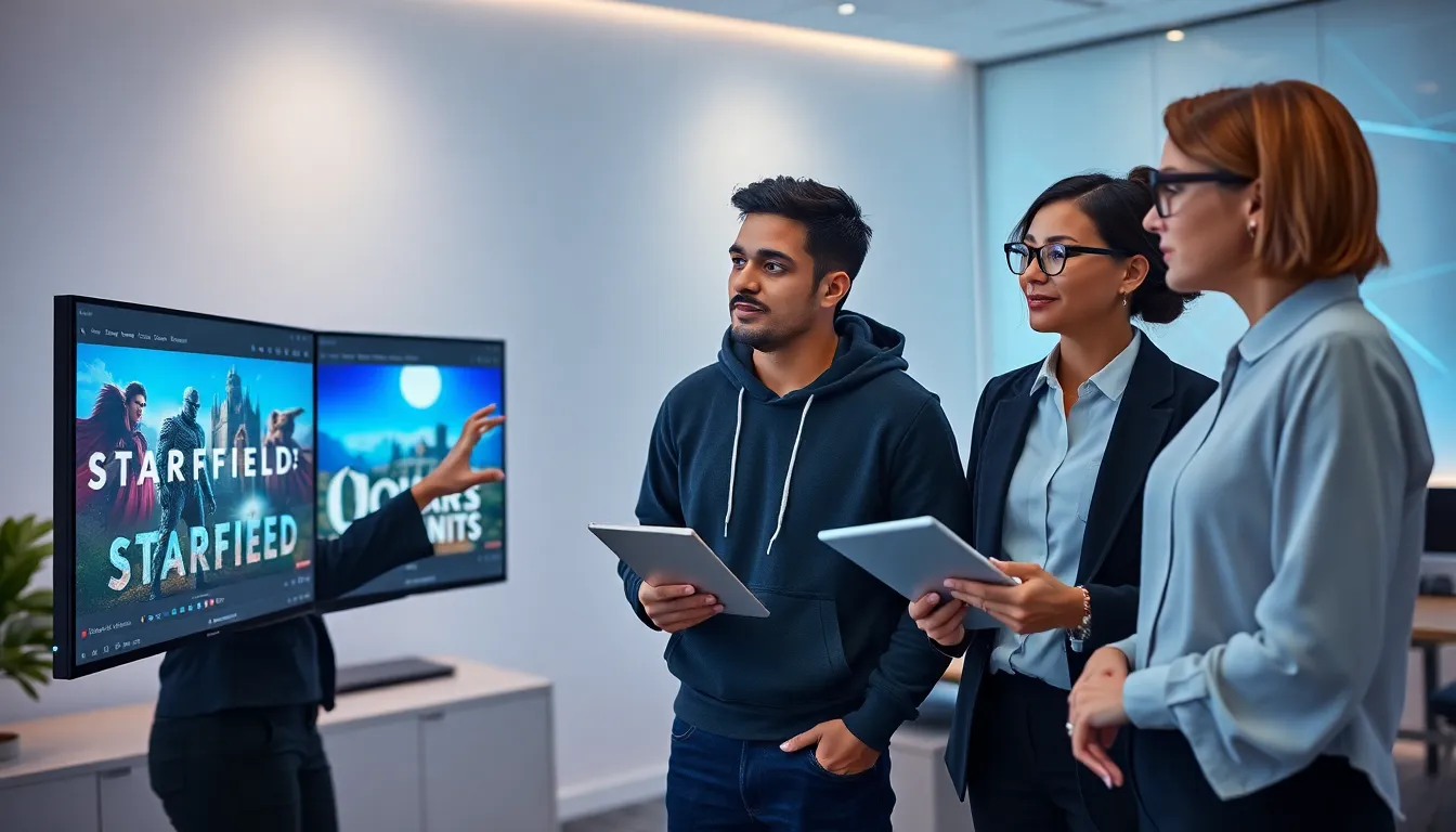 diverse team discussing latest gaming developments in a modern office.