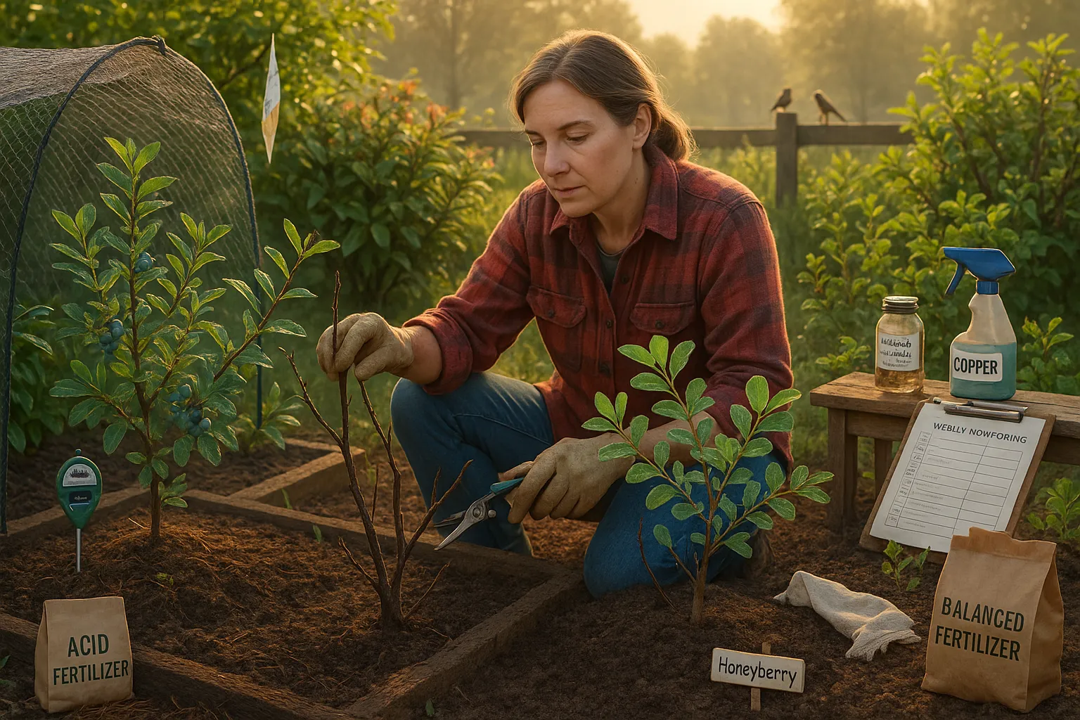 Gardener pruning blueberry and honeyberry bushes with care and tools nearby.