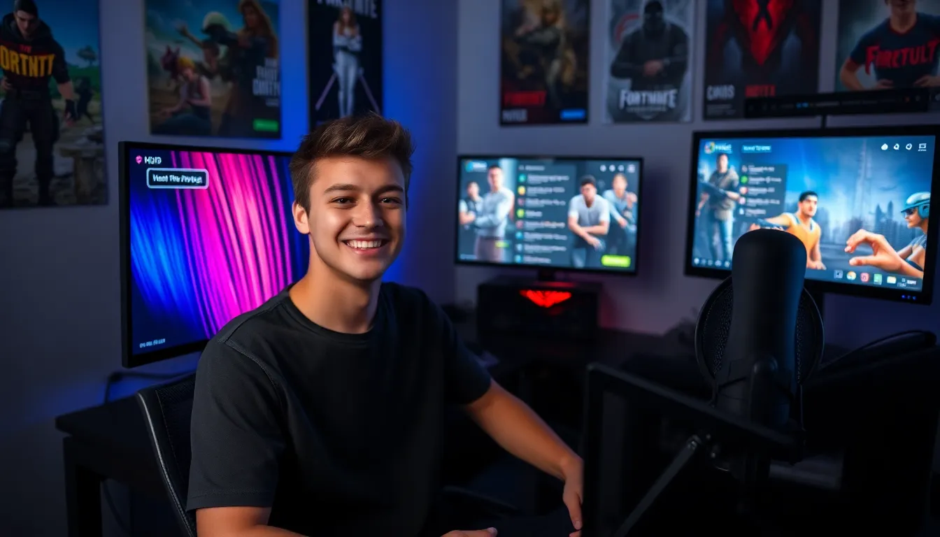 young male streamer in a modern gaming setup.