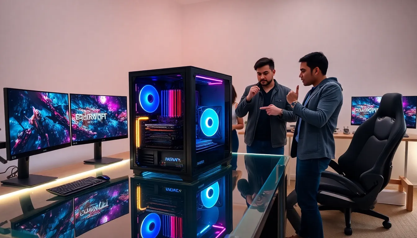 gamers discussing performance in a modern gaming workspace.