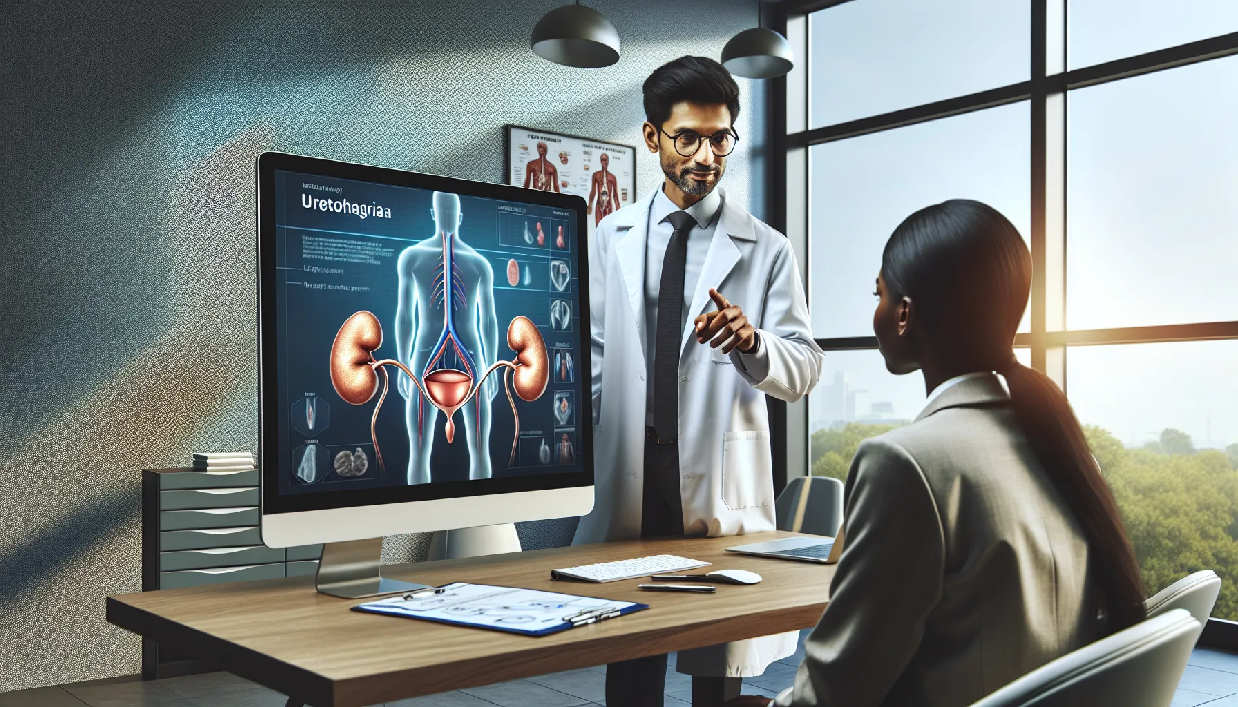 urologist consulting with a patient about ureterohragia in a modern office.