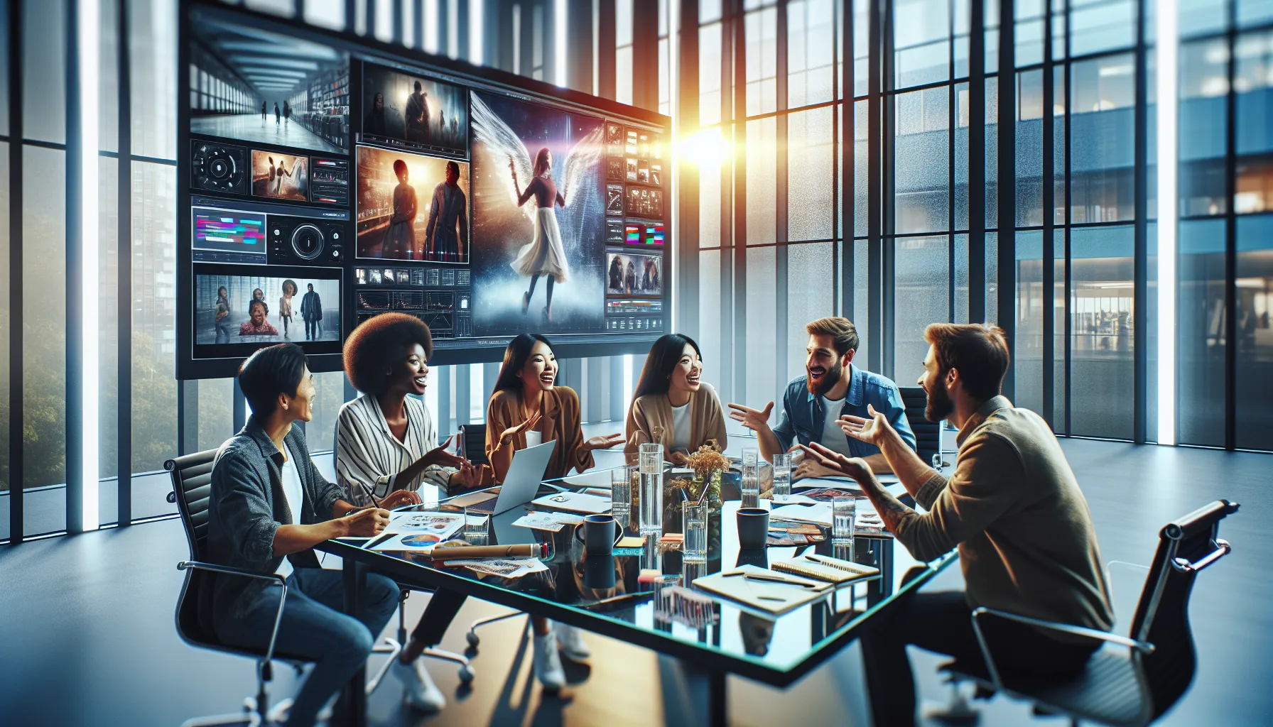diverse team brainstorming ideas about Яздишьвлфж in a media studio.