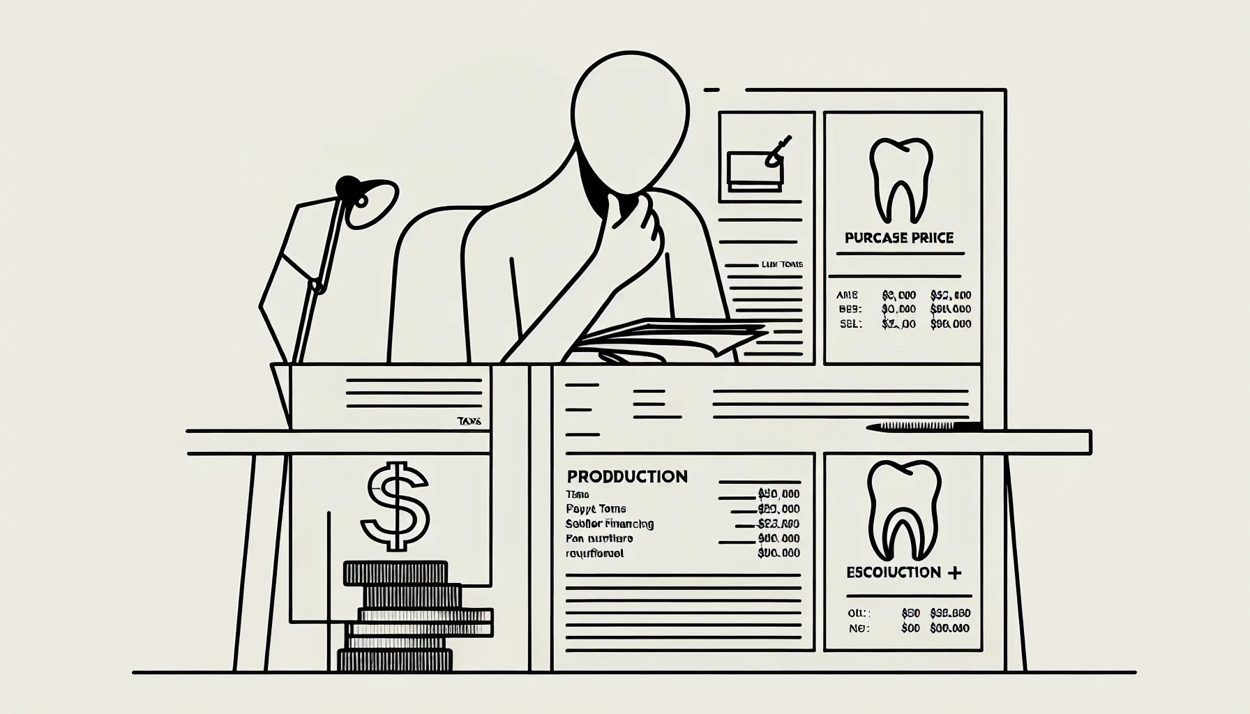 Person reviewing a dental practice purchase agreement with charts and escrow icons.