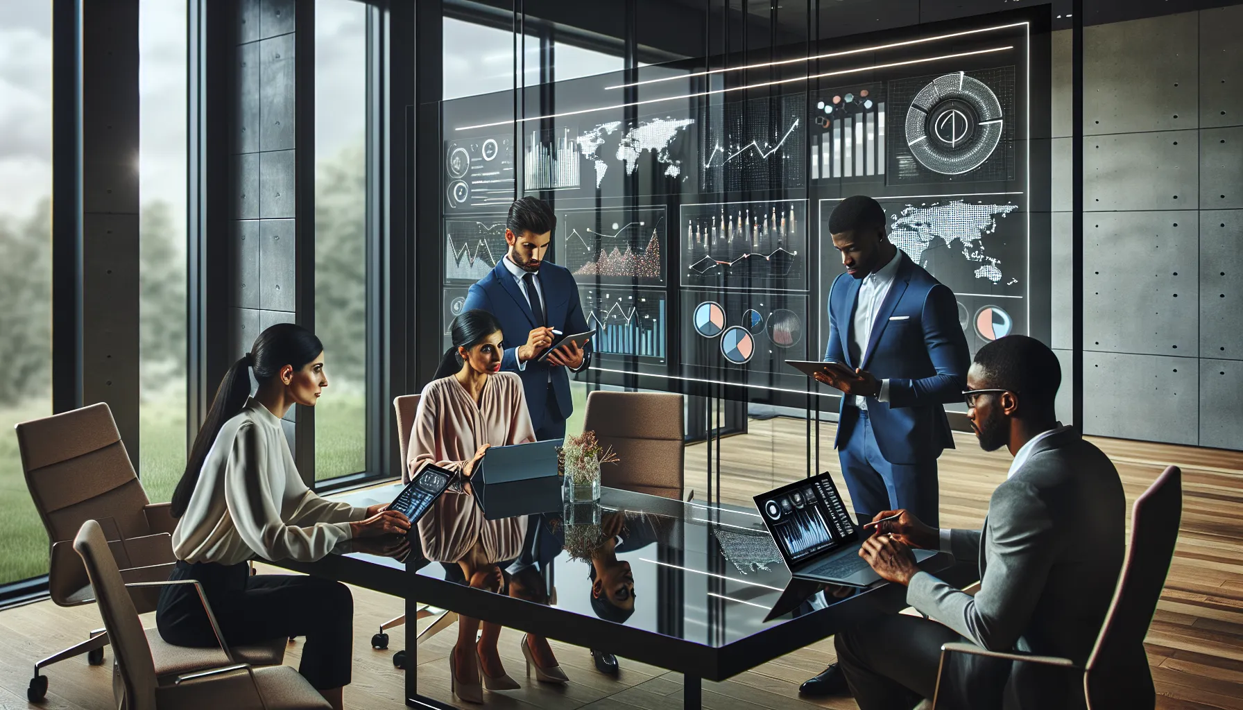 diverse team analyzing data in a modern office setting.