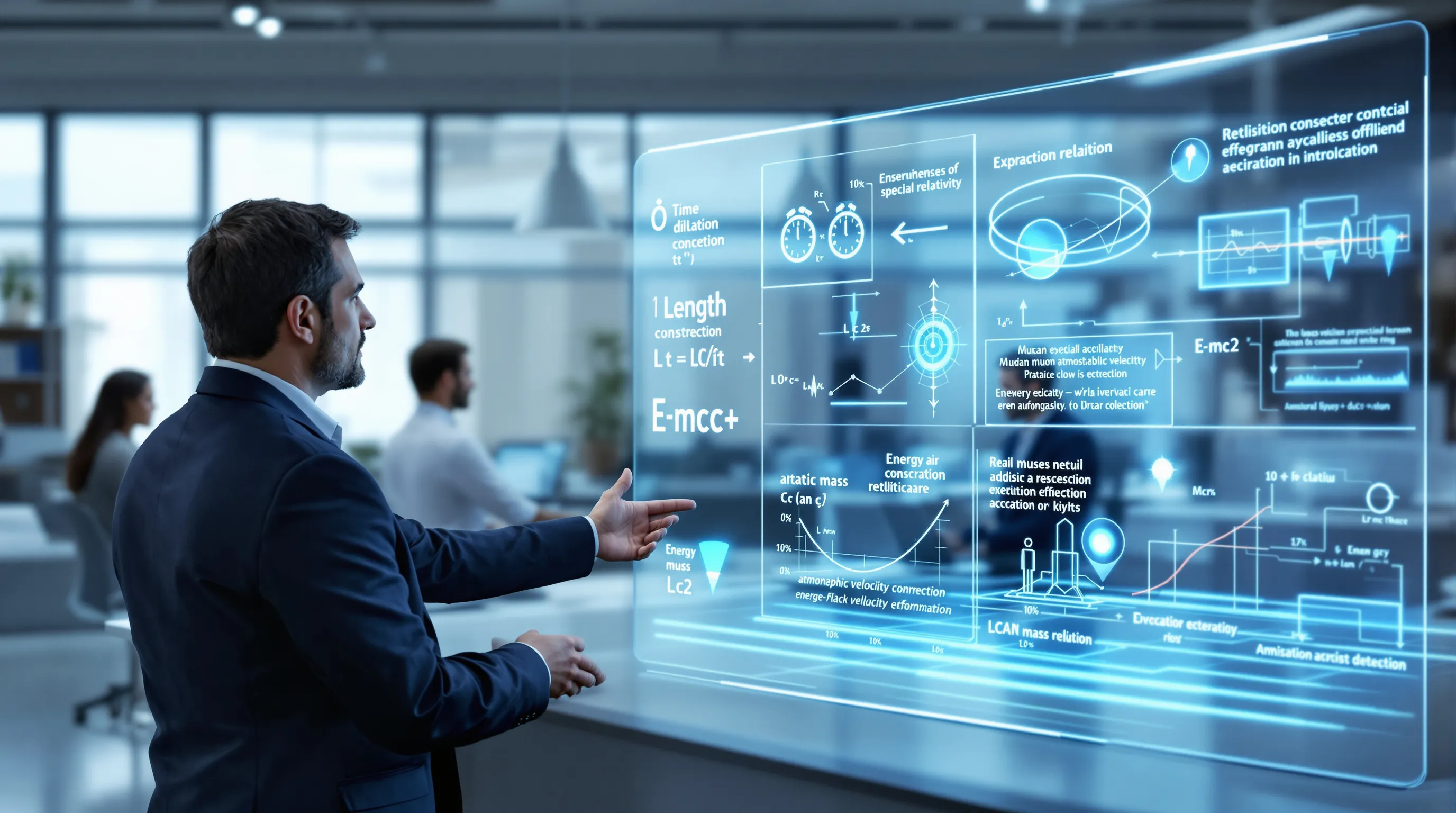 Physicists in a Croatian lab visualizing time dilation, length contraction, energy-mass equivalence.