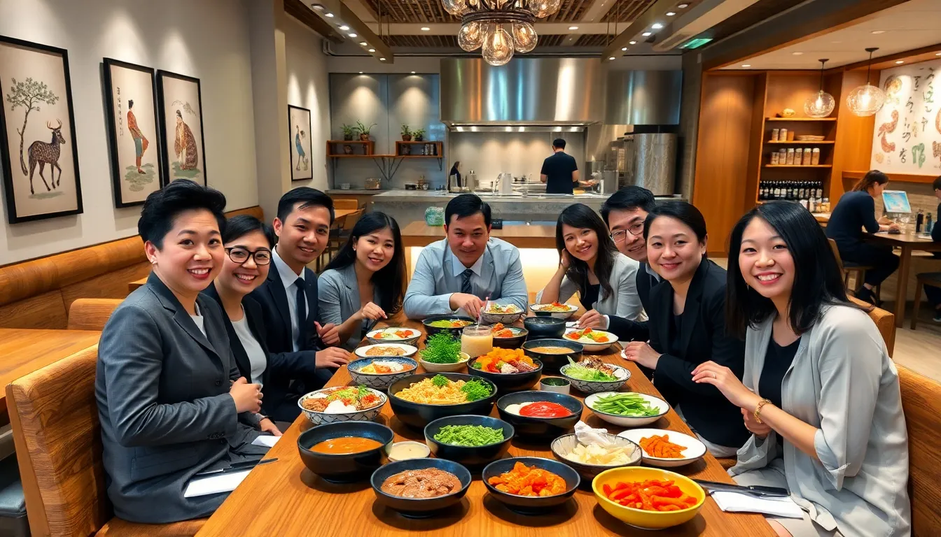 Diverse diners enjoying a meal in a modern Korean restaurant.