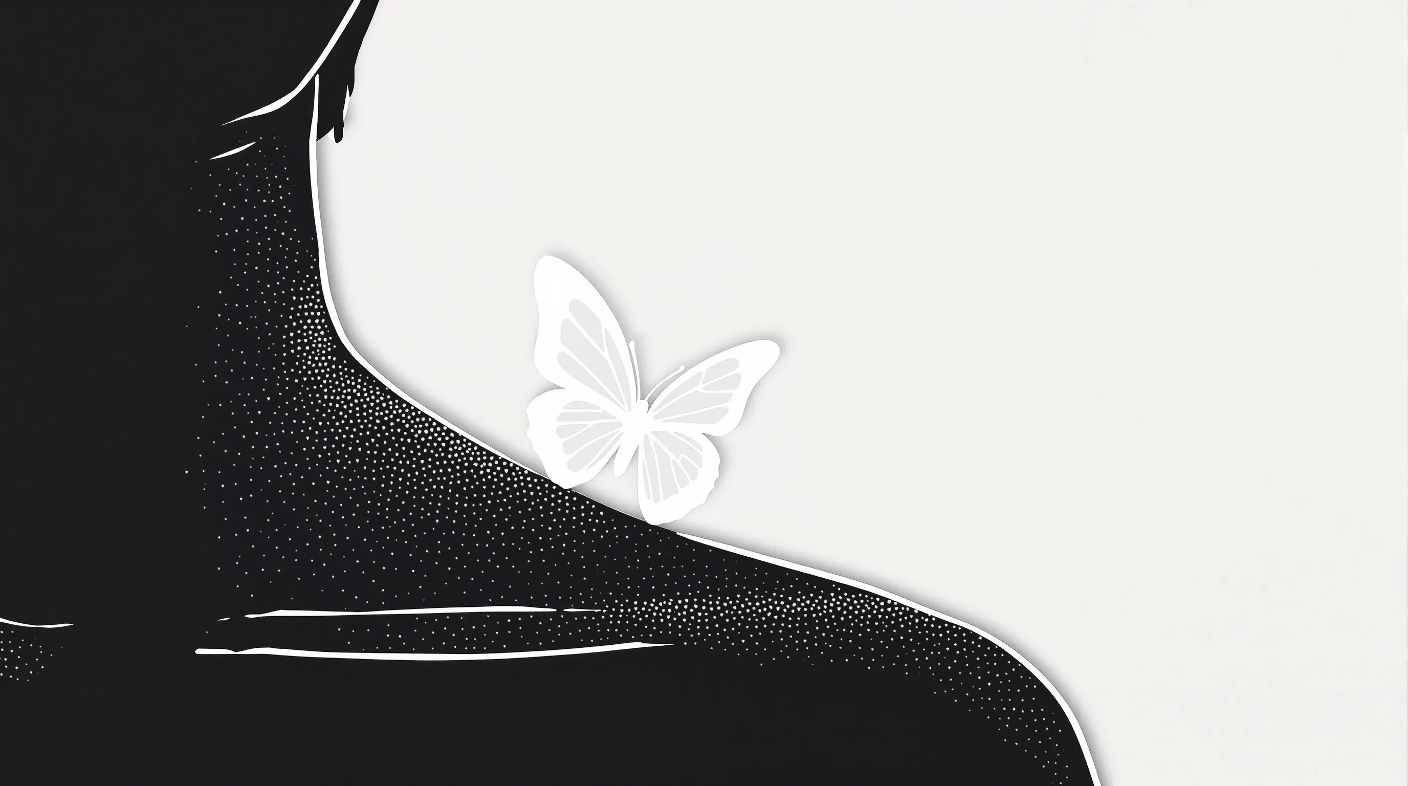 Minimalist butterfly resting on a simple human shoulder outline on white background.