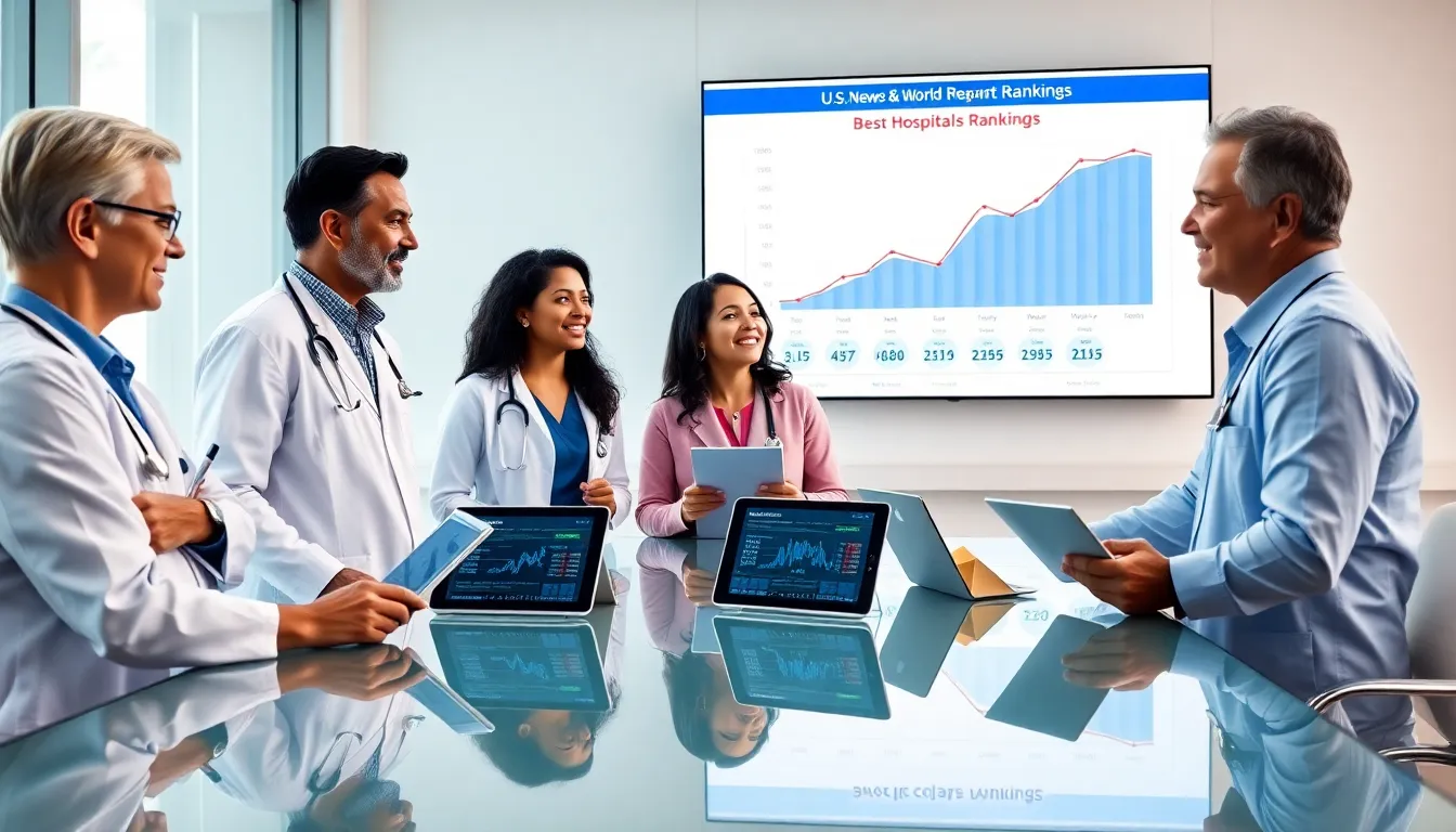 healthcare professionals discussing hospital rankings in a modern conference room.