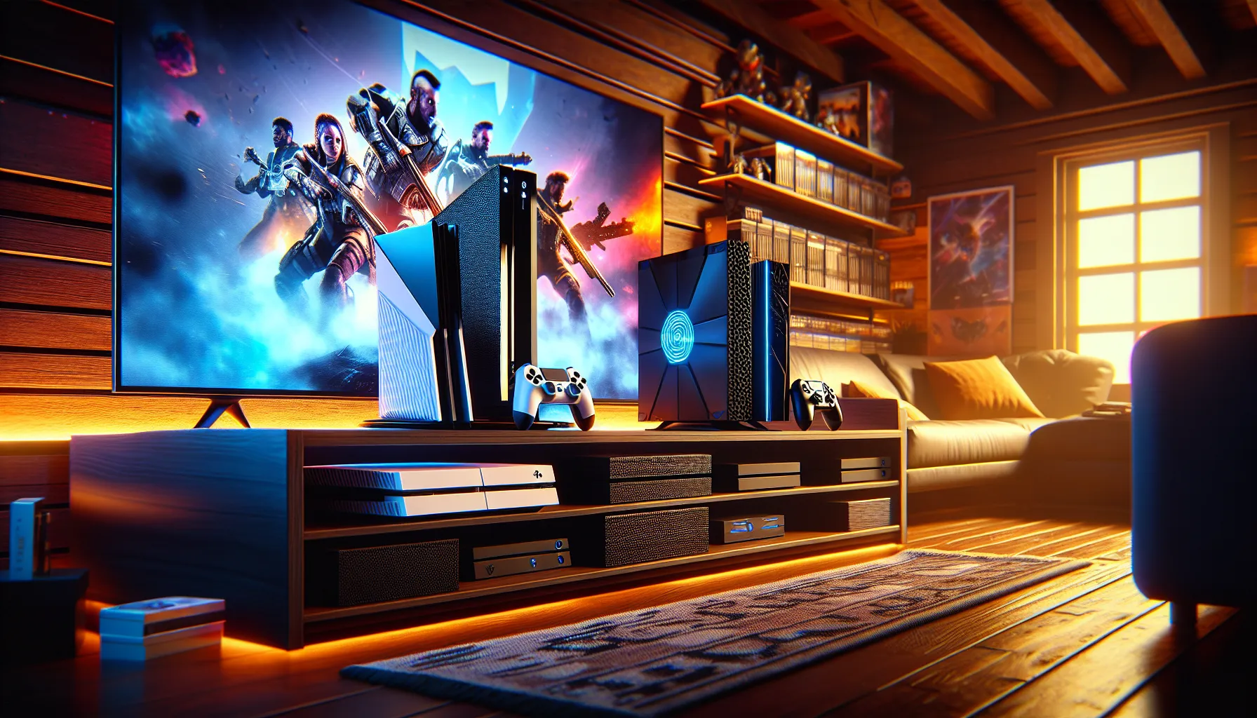 a gaming room featuring an Xbox Series X and a PlayStation 5.