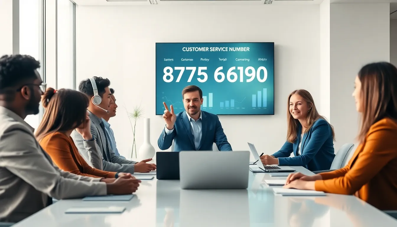 team discussing customer service in a modern office.