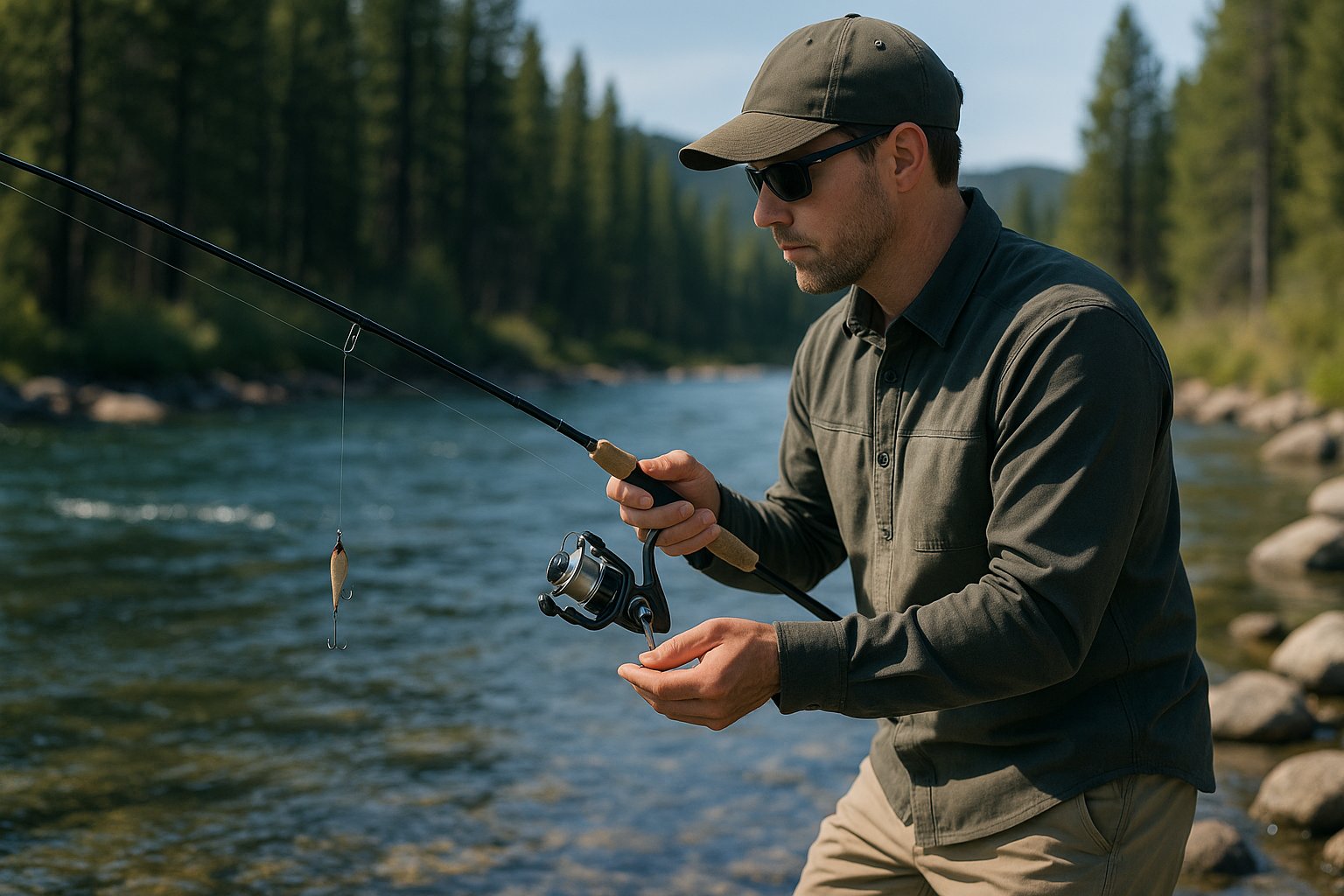 angler using an ultralight setup beside a clear trout stream