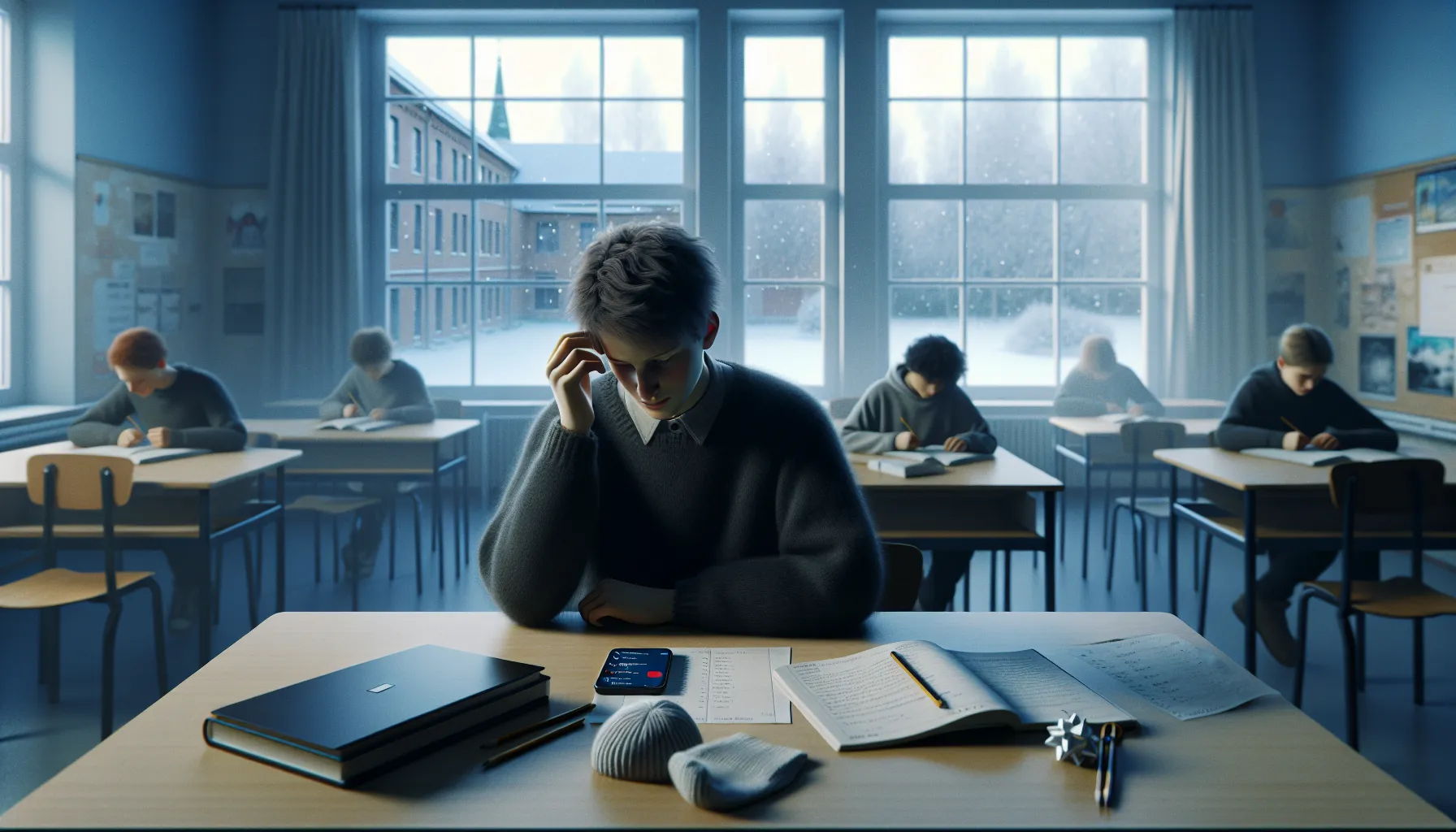 Hvordan mobbing kan føre til frafall i videregående skole 2 Isolated norwegian teen sits alone in class, anxious, excluded, work unfinished.