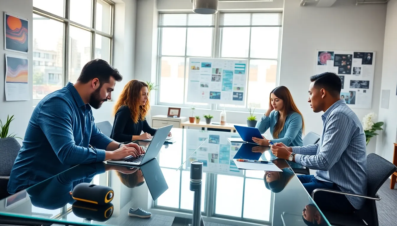diverse professionals collaborating in a modern creative workspace.