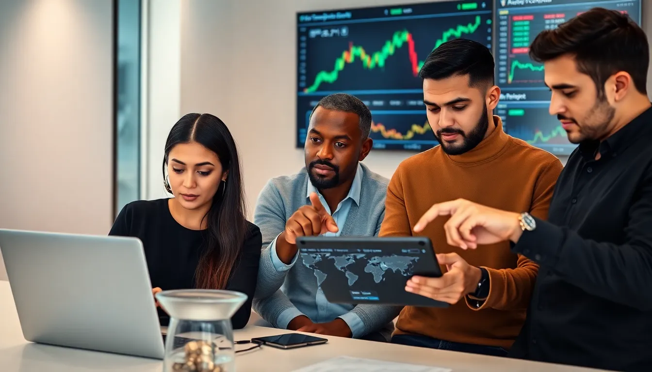 diverse professionals collaborating on cryptocurrency trading strategies.