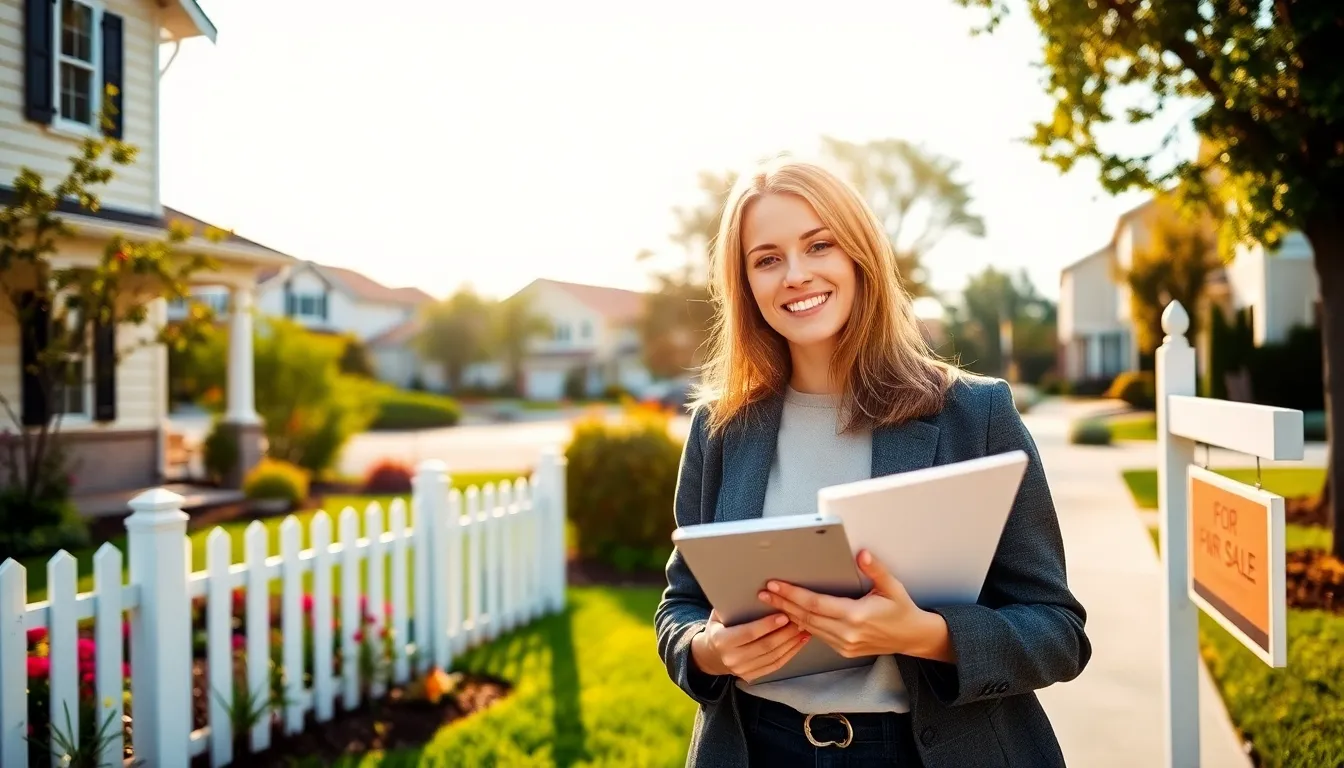 A real estate agent reviewing trends outside a suburban home in the U.S.