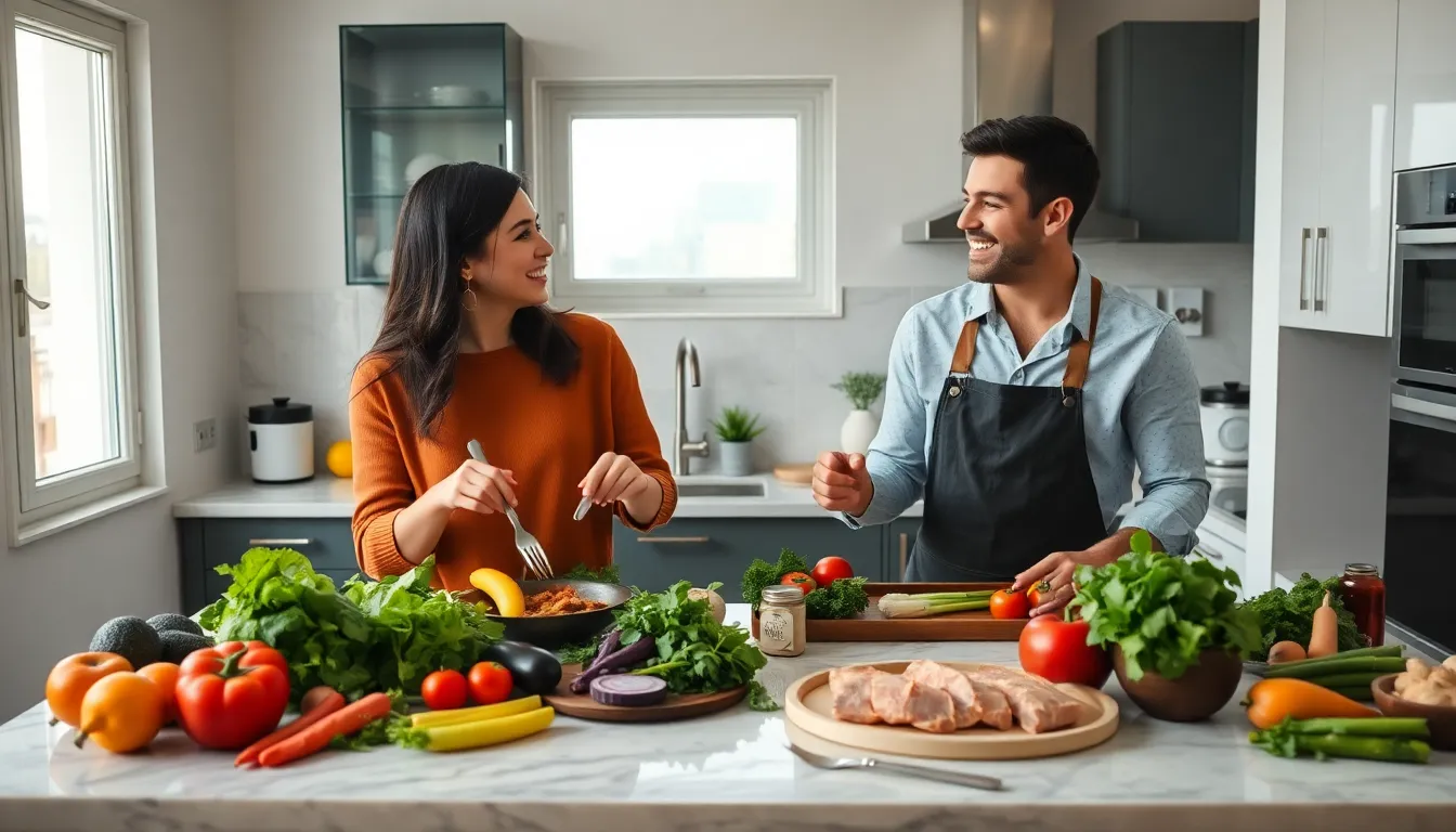 couple cooking a healthy dinner together in a modern kitchen.