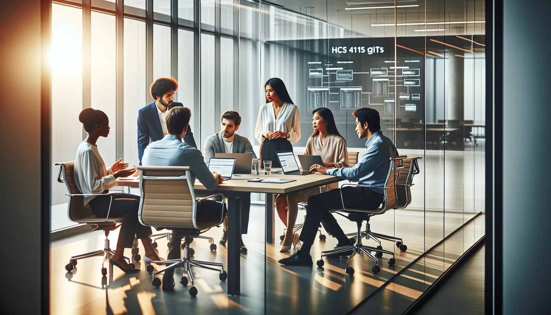 diverse team discussing software improvements in a modern office.