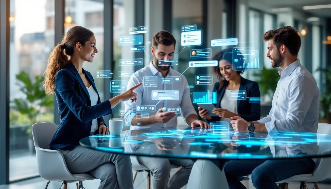 Professionals reviewing AI customer experience dashboards in modern office setting.