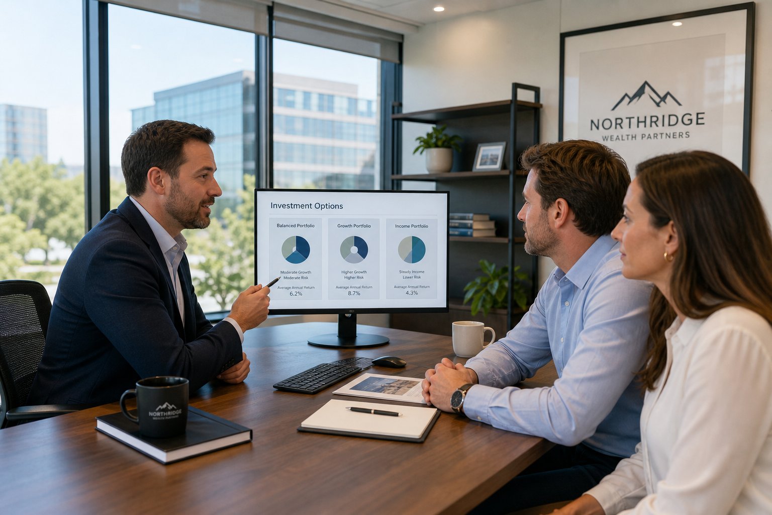 Wide-angle view of a broker presenting commercial mortgage options to two business partners in a bright glass-fronted office.
