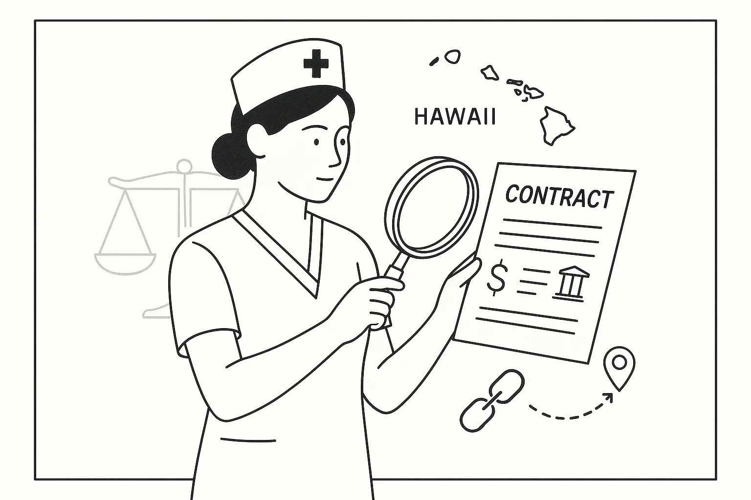 Nurse practitioner examining a contract with magnifying glass and legal icons of Hawaii Nurse Practitioner Contract Review.