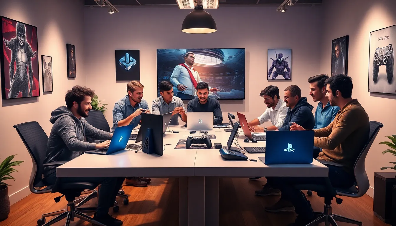 diverse group of gamers discussing PlayStation in a modern office setting.