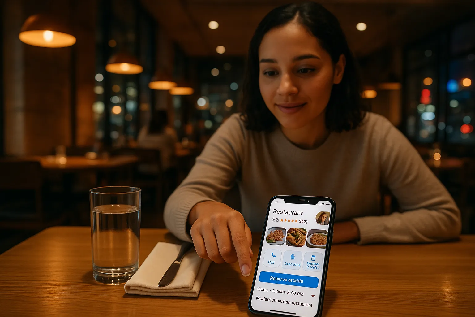 Diner uses a phone’s Google listing to book a table at a restaurant.