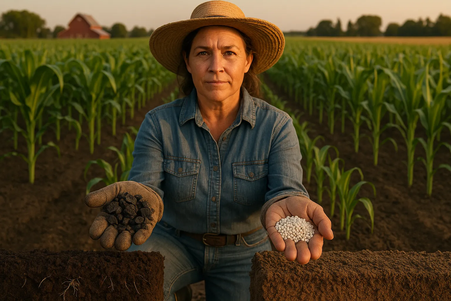 Farmer holding biochar in one hand and chemical fertilizer in the other, divided crop plots behind.