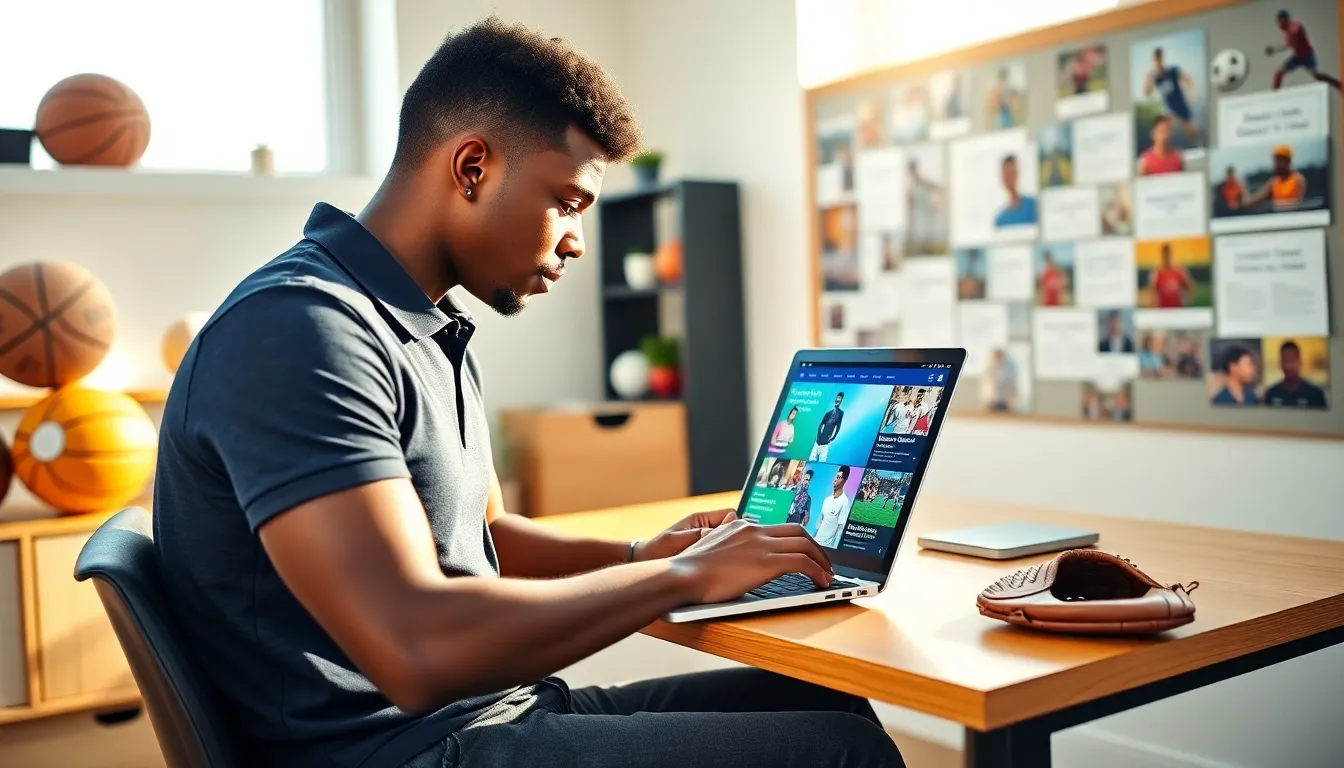 A man analyzing sports news on a laptop in a bright workspace.