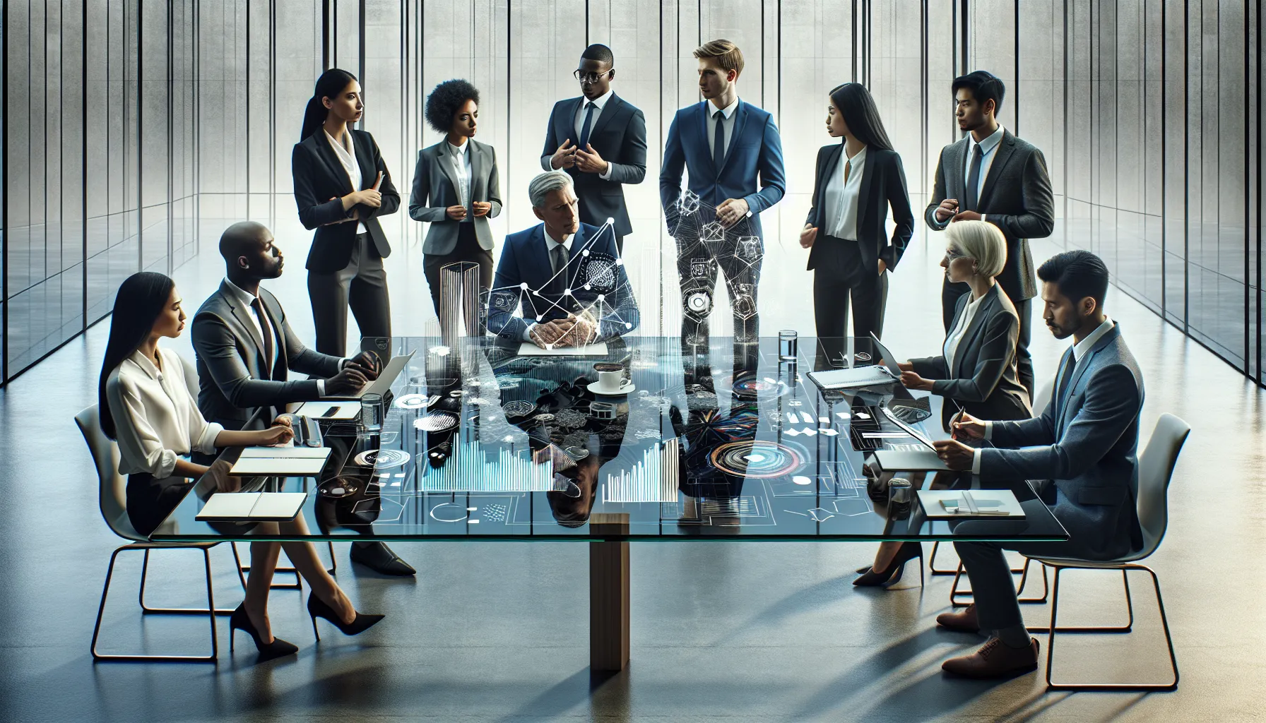 diverse professionals brainstorming in a modern office setting.