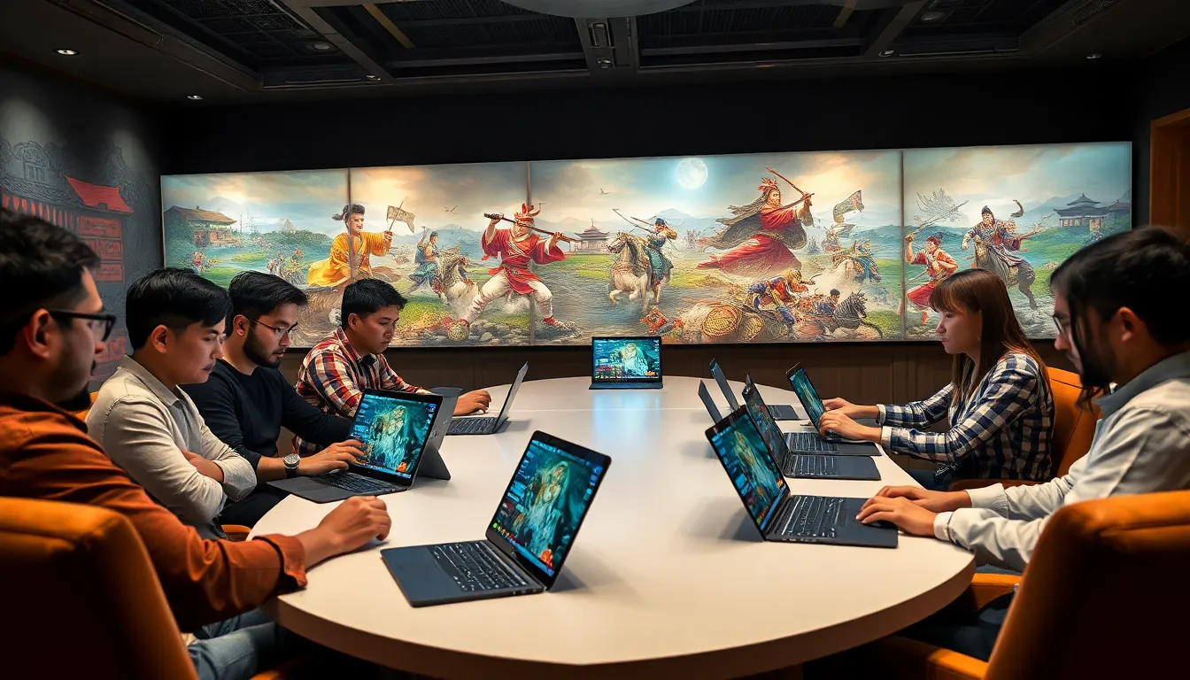 diverse gamers engaged in strategy at a modern table.