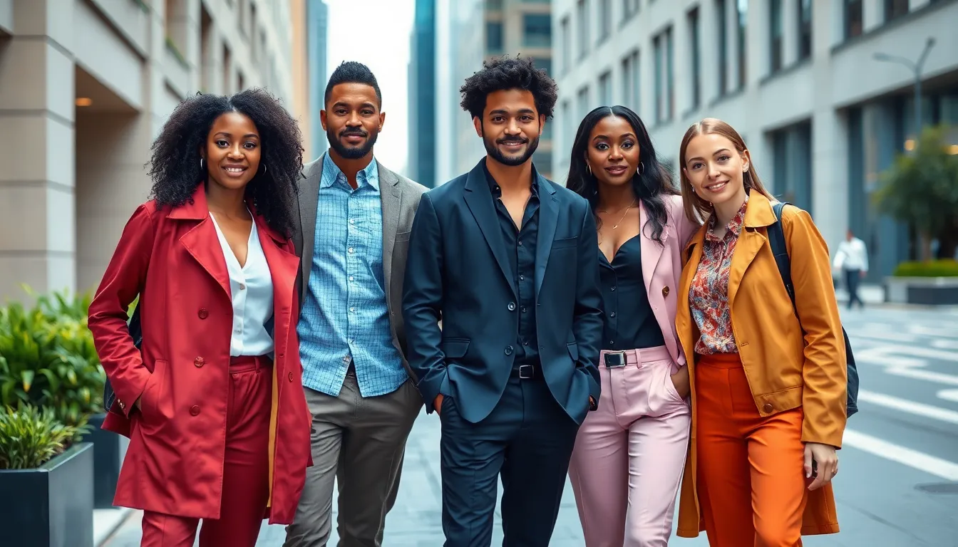 diverse group modeling versatile Notaperviswear12345 fashion in an urban backdrop.