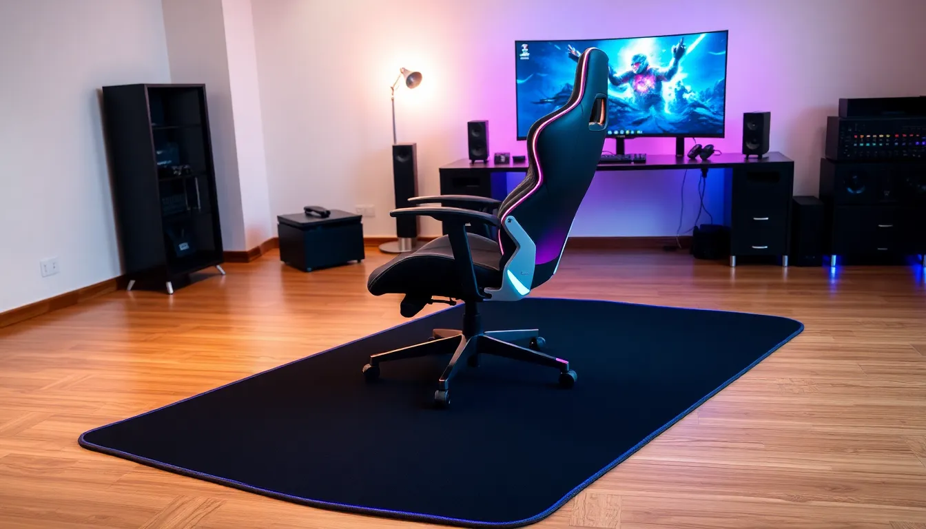 Stylish gaming setup with a gaming chair mat and modern decor.