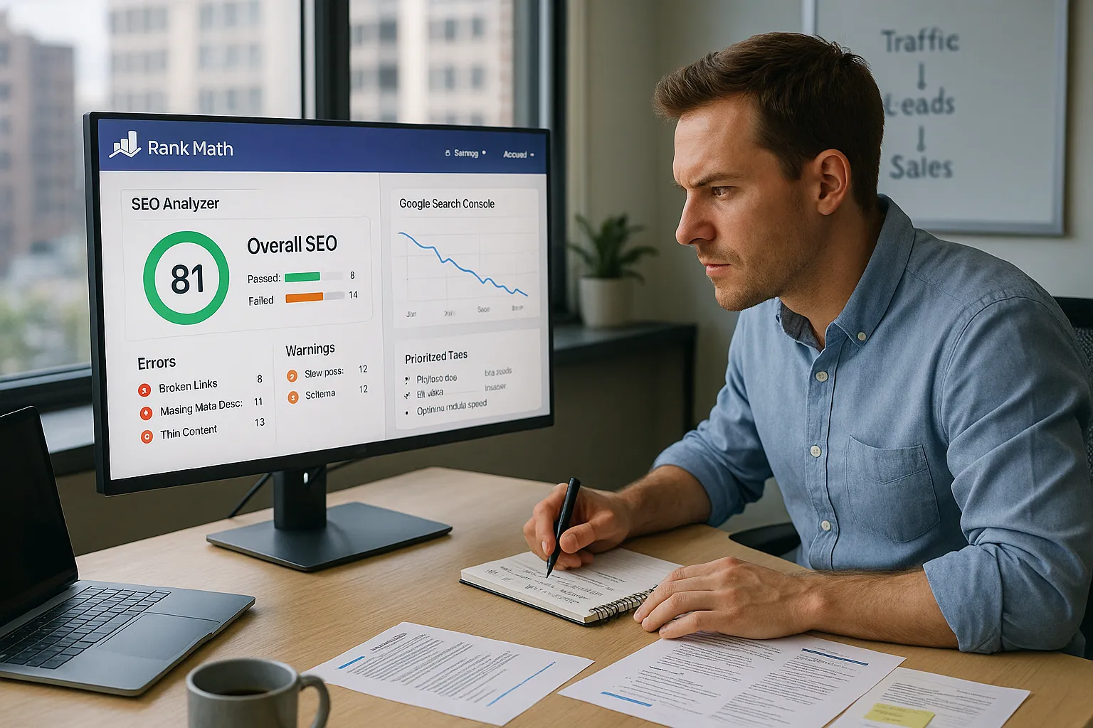 Marketer reviews a Rank Math SEO audit dashboard, planning fixes in a modern office.