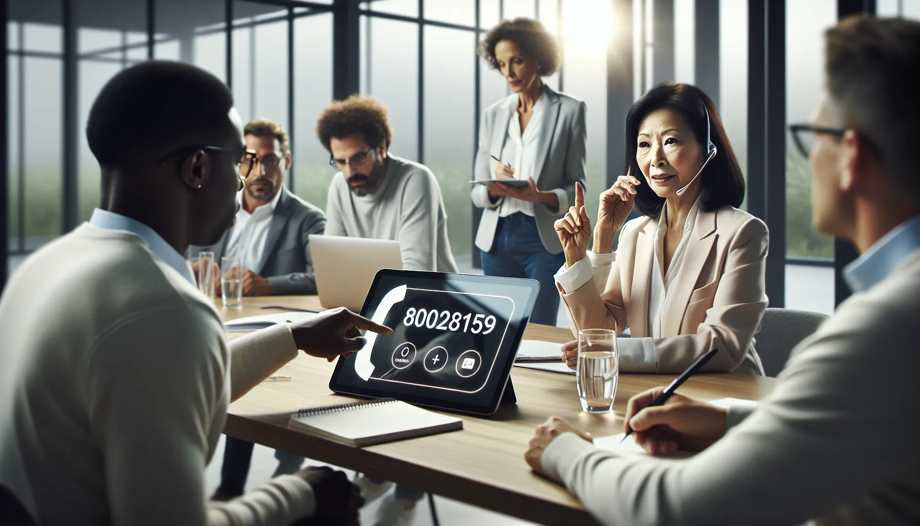 Diverse team discussing a toll-free number in a modern office.