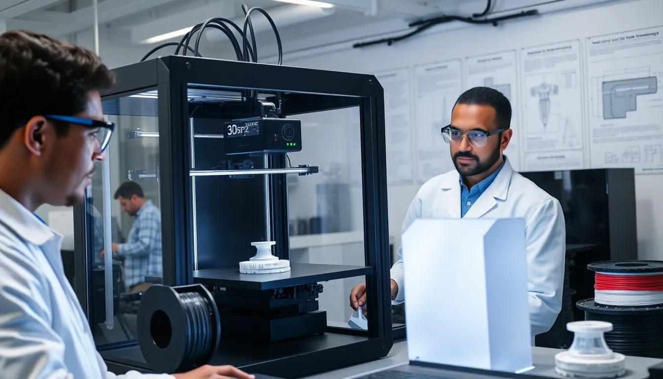 Technician operating a carbon fiber 3D printer in a modern workspace.
