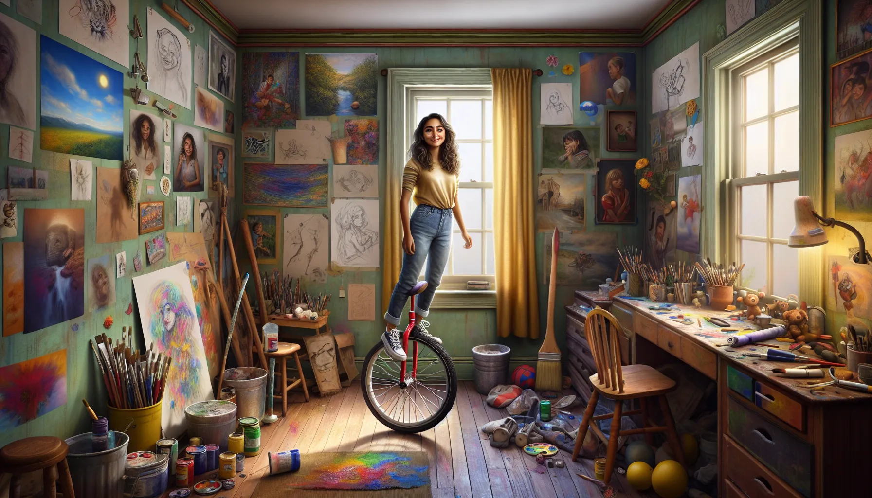 young woman creatively painting her colorful childhood bedroom.