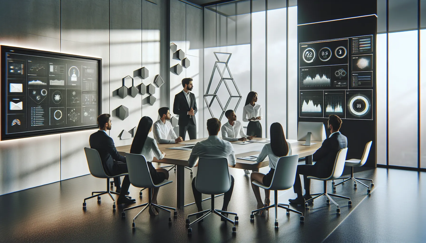 IT professionals collaborating in a modern office, discussing network management tools.