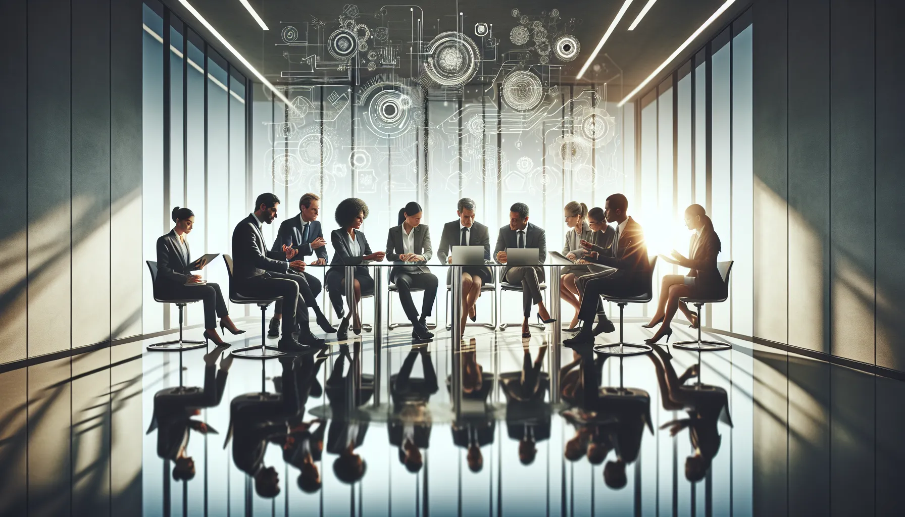 diverse team discussing technology in a modern office setting.