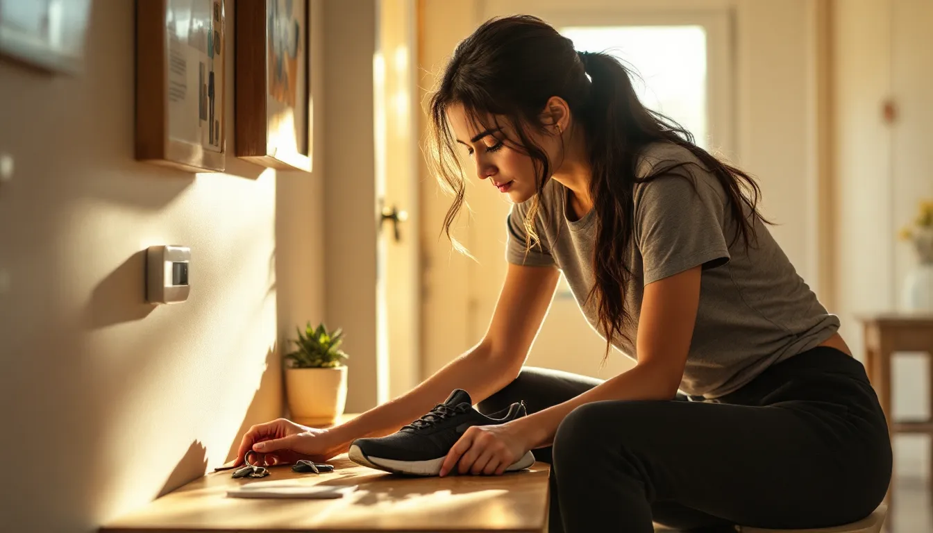 Woman reaching for running shoes by her front door at dawn.