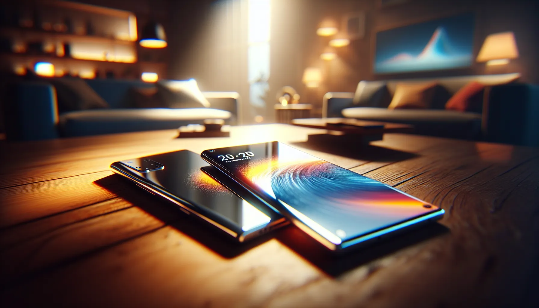 iPhone and Samsung Galaxy on a table in a cozy living room.