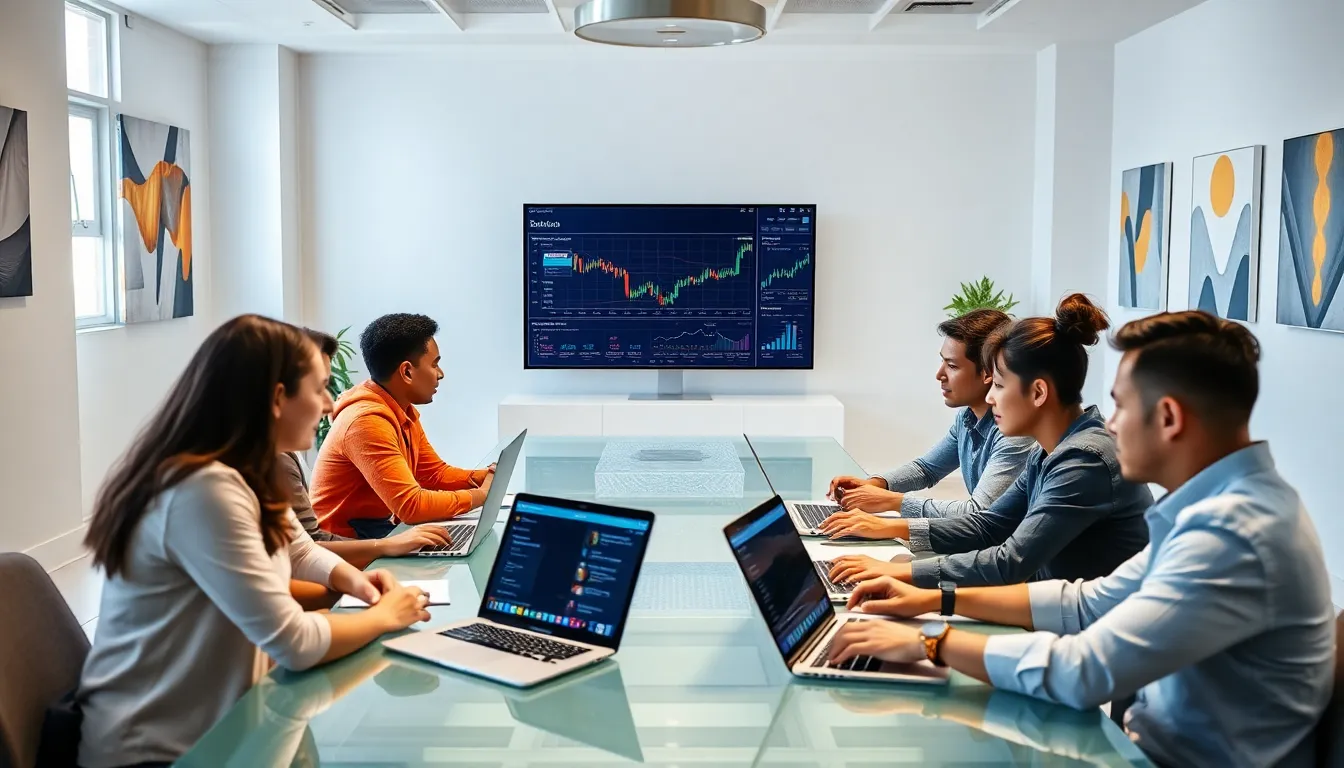 diverse team discussing cryptocurrency in a modern office.