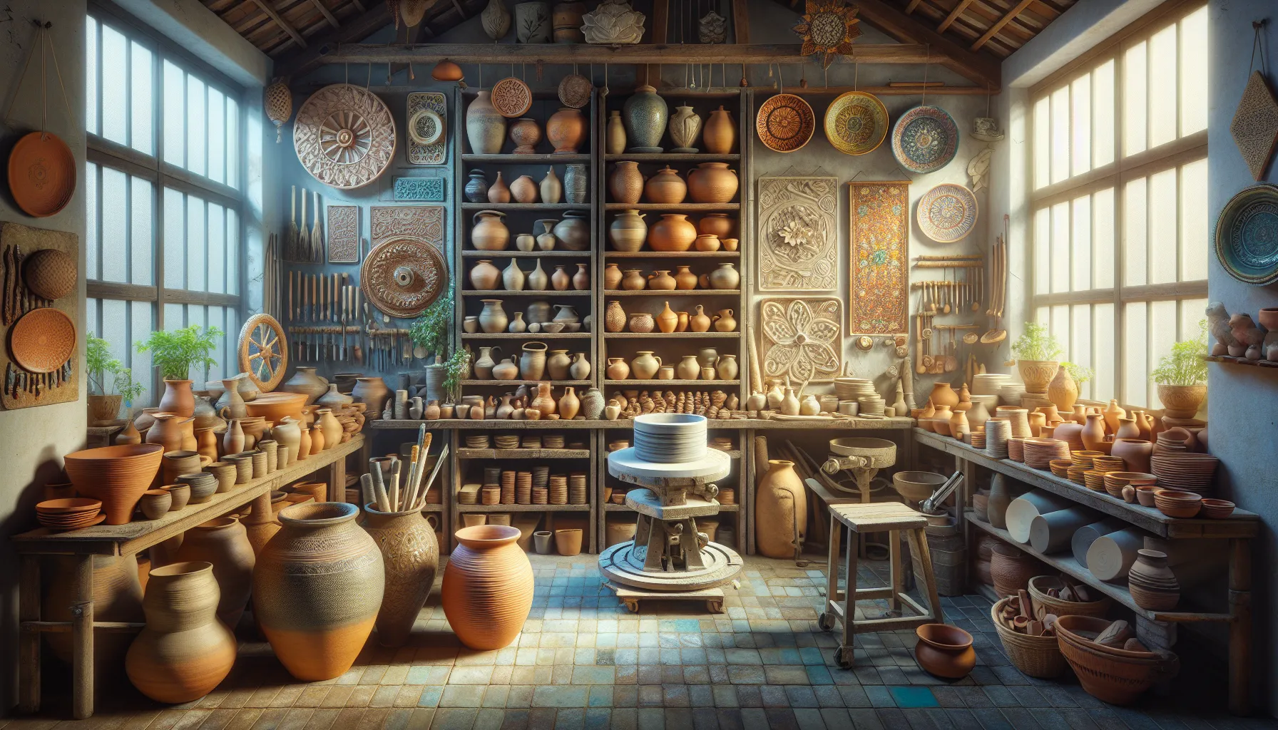 A pottery and ceramics workshop featuring tools and crafted items on display.